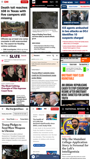 A 3x3 grid of the mobile front pages of CNN, AP News, Fox News, Slate, Reuters, Breitbart, New York Times, NPR, and National Review. The screenshots were taken on July 8th, 2025, at about 11:30 AM ET.
