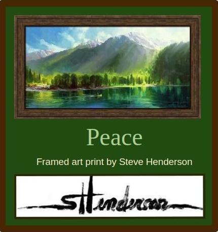 Framed print of an original oil painting depicting a lone canoeist on a tranquil mountain lake.