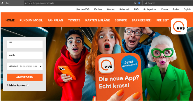 Browser-Fenster mit der Internetseite vvs.de. Es wird  großflächig die neue App beworben mit dem Satz: "Die neue App? Echt krass!"