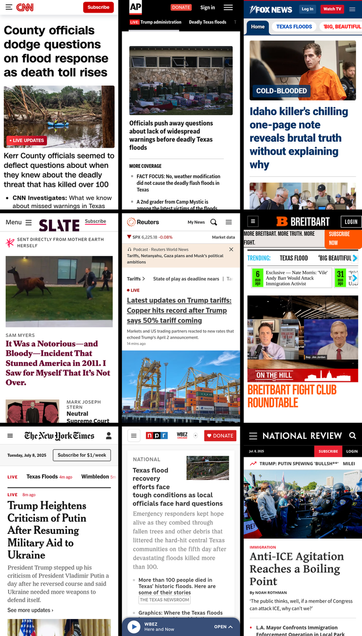 A 3x3 grid of the mobile front pages of CNN, AP News, Fox News, Slate, Reuters, Breitbart, New York Times, NPR, and National Review. The screenshots were taken on July 8th, 2025, at about 3:30 PM ET.