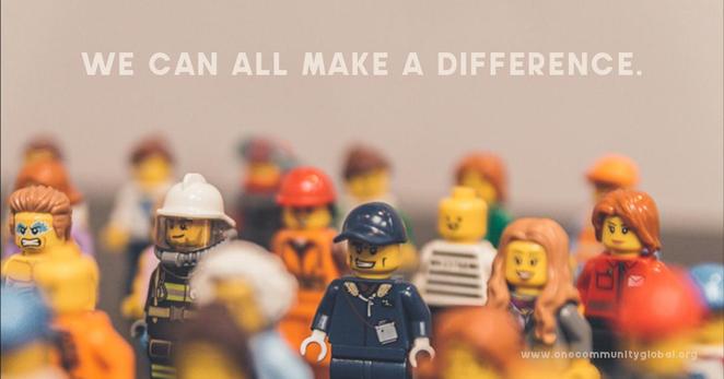 Diverse LEGO minifigures holding hands with "WE CAN ALL MAKE A DIFFERENCE" text promoting community collaboration and collective action
