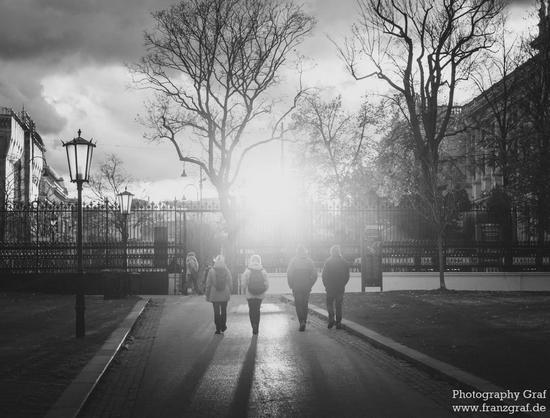 A black and white image of a group of people walking on a road. The image is set in a city environment, with tall trees lining the sides of the road. The sky above is overcast with clouds, creating a moody atmosphere. Street lights can be seen in the distance, casting a soft glow on the foggy street. The winter setting adds to the cold and quiet feeling of the scene. The dominant colors in the image are grey, white, and black, giving it a monochrome aesthetic. The people in the image are walkin…