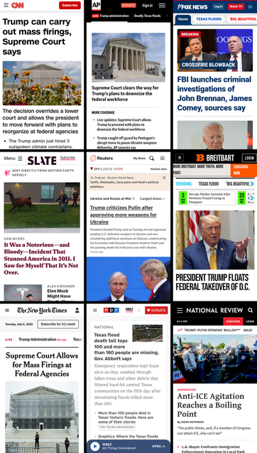 A 3x3 grid of the mobile front pages of CNN, AP News, Fox News, Slate, Reuters, Breitbart, New York Times, NPR, and National Review. The screenshots were taken on July 8th, 2025, at about 7:30 PM ET.