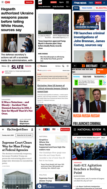 A 3x3 grid of the mobile front pages of CNN, AP News, Fox News, Slate, Reuters, Breitbart, New York Times, NPR, and National Review. The screenshots were taken on July 8th, 2025, at about 11:30 PM ET.