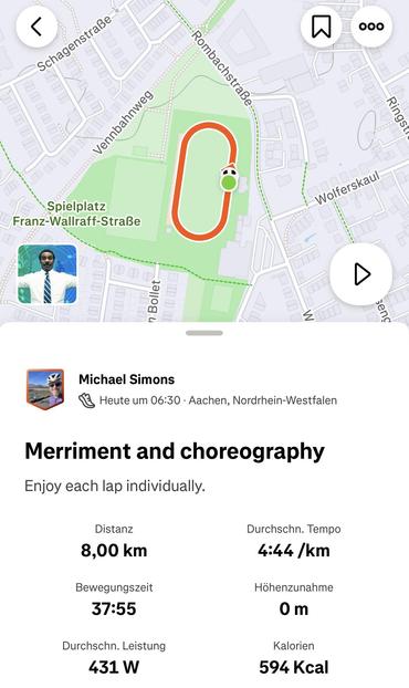 Picture of a Strava activity with stats and a still from Severance. Title is merriment and choreography. 