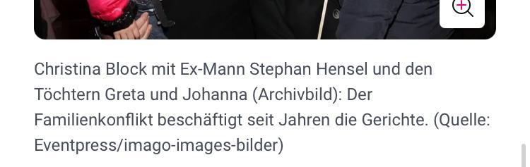 Das Bild zeigt eine Archivfotografie von Christina Block mit ihrem Ex-Mann Stephan Hensel und ihren Töchtern Greta und Johanna. Christina Block trägt eine schwarze Jacke mit einem pinken Ärmel, während Stephan Hensel eine dunkelblaue Jacke trägt. Die Kinder sind teilweise sichtbar, und Christina Block hält die Hand ihrer Tochter Greta. Der Text unter dem Bild lautet: "Christina Block mit Ex-Mann Stephan Hensel und den Töchtern Greta und Johanna (Archivbild): Der Familienkonflikt beschäftigt seit Jahren die Gerichte. (Quelle: Eventpress/imago-images-bilder)."