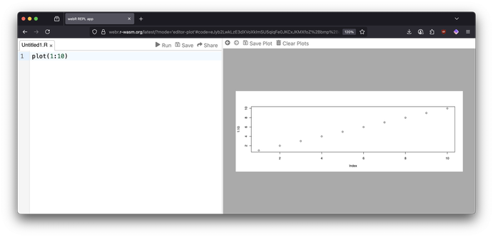 Screenshot of webR REPL application running in a web browser. The interface is split into two panels: on the left is a code editor containing the R command 'plot(1:10)', and on the right is the resulting scatter plot visualization showing 10 points plotted from coordinates (1,1) to (10,10). The plot has 'Index' labeled on the x-axis and values from 0 to 10 on the y-axis. The browser interface shows typical web app controls including Run, Save, and Share buttons at the top