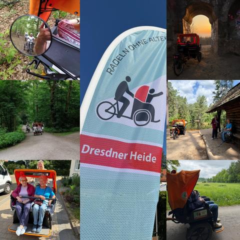 Collage aus vielen Bildern unseres Vereinslebens, Menschen in unserer Rikscha, schöne Aussichten in die Natur, unsere Radelflagge in der Mitte, die Rikscha vor einem Sonnenuntergang, eine mitradelnde Familie rings um unsere Rikscha, ein Blick in den Rückspiegel.