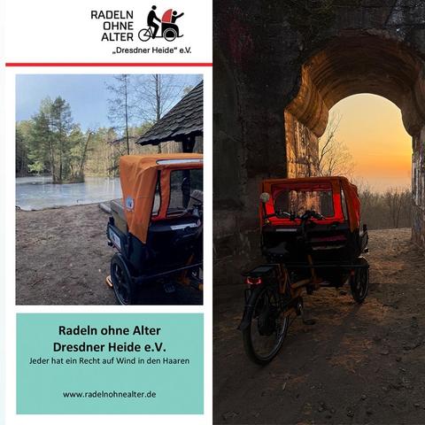 Collage aus zwei Bildern, links ist das Titelbild unseres Flyers mit einem Bild am zugefrorenen Stausee, dem Logo von Radeln ohne Alter und die Websiteadresse. Rechts ist die Rikscha vor einem Sonnenuntergang am Wolfshügelturm zu sehen.