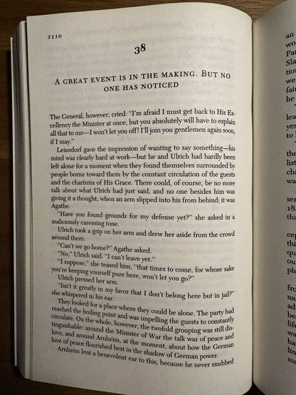 Photo of first page of the final published chapter of The Man Without Qualities, by Robert Musil, translated by Burton Pike. The chapter is entitled, “A Great Event Is In The Making. But No One Has Noticed.”