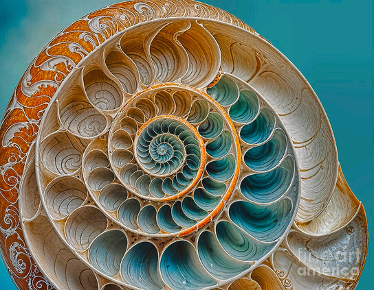 **ACHIEVED SHARED 3RD PLACE IN FAA CONTEST - "Superb Seashells" Dec 2024.

A digital art image I created of the inside of a Nautilus Shell.

The image shows a close-up view of a nautilus shell, which has been cut in half to reveal its intricate internal structure. The shell displays a beautiful spiral pattern, with chambers that gradually increase in size as they spiral outward. The chambers are colored in shades of cream, tan, turquoise, creating a visually striking contrast. The background is a solid teal color, which complements the colors of the shell. The image highlights the natural beauty and geometric precision of the nautilus shell's design.

THE FINE ART AMERICA LOGO WILL NOT APPEAR ON PURCHASED PRINTS OR PRODUCTS.