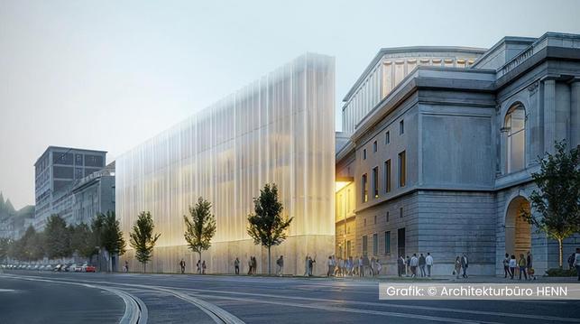 Eine fotorealistische Grafik zeigt das Theatergebäude an der Straßenbahnlinie, daneben leuchtet der neue Glasbau.