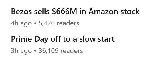 
Bezos sells $666M in Amazon stock
4h ago • 5,420 readers
Prime Day off to a slow start
3h ago • 36,109 readers
