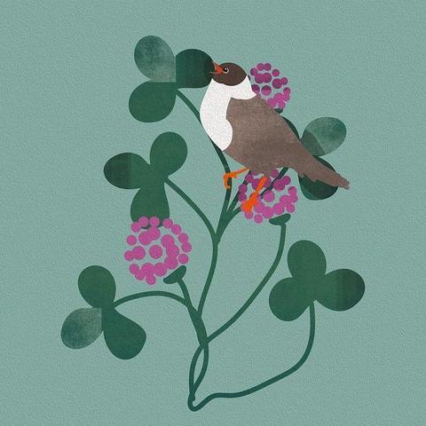 A botanical motif with a bird on a clover.