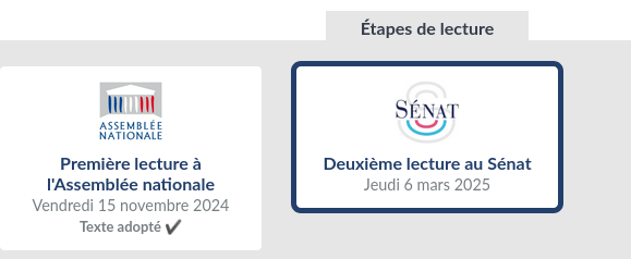 Capture de la page en lien qui dit que le texte a été adopté en 1ere lecture à l'AN le 15 novembre, et qui dit que la prochaine étape, c'est 2e lecture au Sénat le 6 mars.