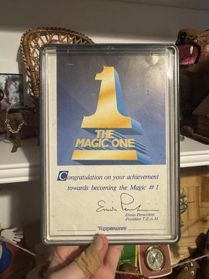 A congratulatory award from the Tupperware big boss. It says “THE MAGIC ONE”.