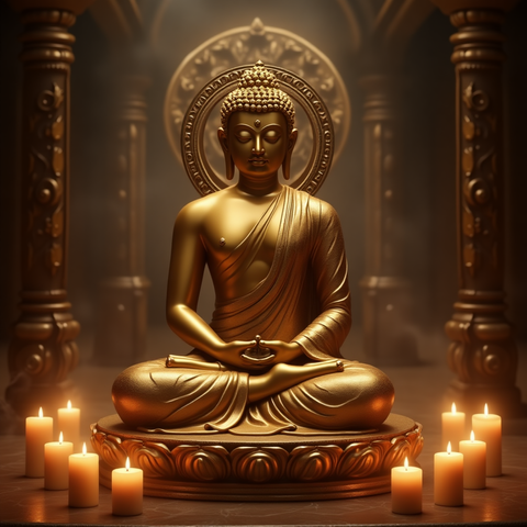 🌟 1. Golden Temple Buddha (Traditional & Majestic)

"Majestic golden statue of Siddhartha Gautama seated in lotus position, surrounded by incense smoke and candlelight, ancient temple backdrop with intricate carvings, soft ambient glow, dharma wheel behind his head, hands in Vitarka mudra (teaching gesture), ultra-realistic, peaceful and sacred atmosphere"