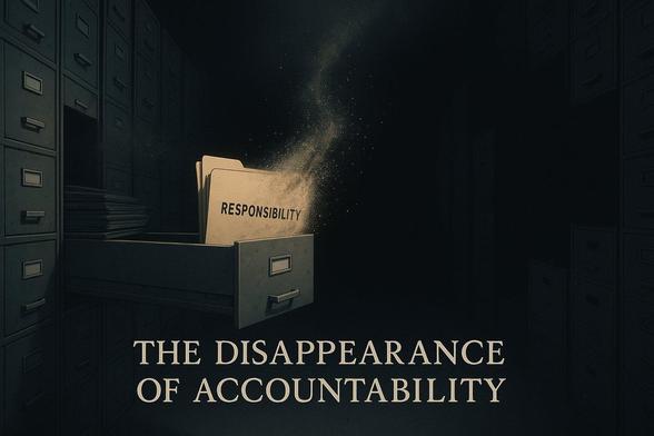 A filing cabinet drawer is open in a dark archival room filled with identical drawers. Inside, a labeled folder marked “RESPONSIBILITY” begins to dissolve into dust, drifting into the shadows. The surrounding cabinets are intact, but the label is disappearing. The scene is rendered in moody anime realism, with soft lighting, symbolic stillness, and a muted monochrome palette. At the bottom, the title “The Disappearance of Accountability” is prominently displayed in serif lettering.

