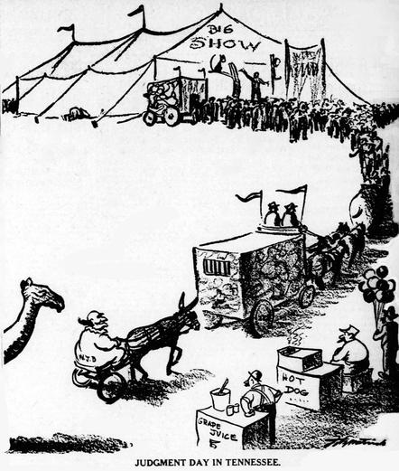Editorial cartoon captioned “Judgment Day in Tennessee” was published July 10, 1925 by the St. Louis Post-Dispatch. The artist was Daniel R. Fitzpatrick.