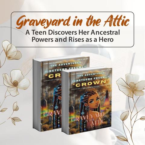 Cover of Graveyard in the Attic by Dr. Phyllis Tucker-Wicks. Features a young Black girl with braids and glowing accents, symbolizing ancestral power. Text highlights include: 'A teen. A crown. A destiny rooted in heritage.