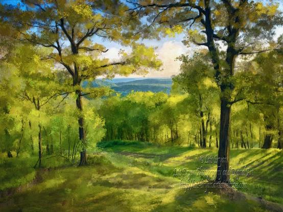 "Morning In The Laurel Highlands" ... 

A lush forest scene in the Laurel Highlands of Central Pennsylvania showcases tall trees with vibrant green foliage under a bright blue sky. Morning sunlight filters through the branches, casting dappled shadows on the ground.

A view of the distant mountains from the top of Blue Knob All Seasons Resort in full spring is a fine sight to wake up to. Grab your coffee and pull up a chair ... let's enjoy this magical moment as we gaze out over the ski slopes covered in greens and golds instead of their winter coating of frosty white snow.

Loosely based on my own photo and digitally hand painted in Corel Painter 2023 using the Wacom tablet and art pen stylus. No artificial intelligence programs used. Fine art as well as product purchases of this image will not include a watermark, and if I may make a recommendation ... your wall art will look its very best on the fine art paper choice of "picture rag."

https://lois-bryan.pixels.com/featured/morning-in-the-laurel-highlands-lois-bryan.html

https://fineartamerica.com/featured/morning-in-the-laurel-highlands-lois-bryan.html

Another #digitallyhandpainted image (from my own photo) of my favorite view, this time with the distant #LaurelHighlands#mountains of #Pennsylvania in better view.  Early #spring up there is about May as the trees don't leaf out until a bit later at 3000 feet.  

#art #giftideas #nature #trees #BlueKnob, Blue Knob All Seasons Resort , #LoisBryan