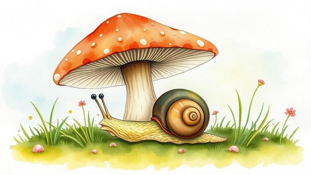②« Generated by MagicEraser/FLUX »
(Watercolor, picture book illustration: A snail resting in the shade of a mushroom) To avoid the midsummer sun, the snail hides under the mushroom cap.