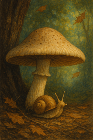 ③« Generated by ideogramai »
(picture book illustration: A snail resting in the shade of a mushroom) To avoid the midsummer sun, the snail hides under the mushroom cap.
