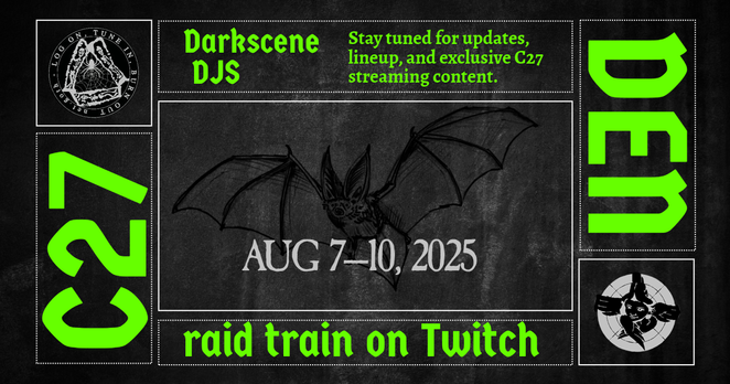 Darkscene DJs Convergence 27 Denver raid train on Twitch, August 7–10, 2025. Stay tuned for updates, lineup, and exclusive C27 streaming content.
