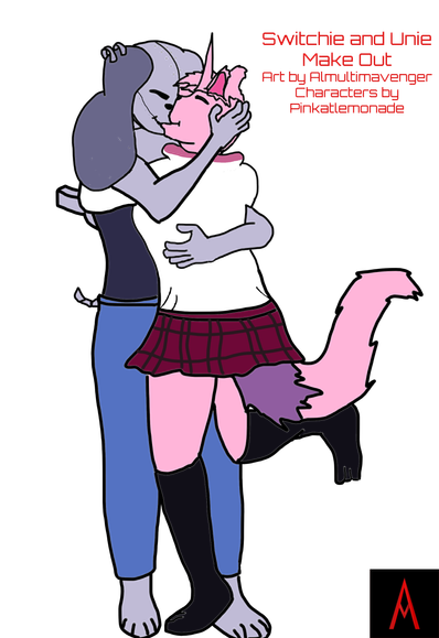 Anthropomorphic cyborg dog Switchie and unicorn Unie make out.
