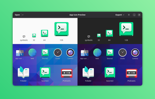 The green icon of the Assistant application is shown in the App Icon Preview application. The screenshot has been enhanced using the Gradia application.