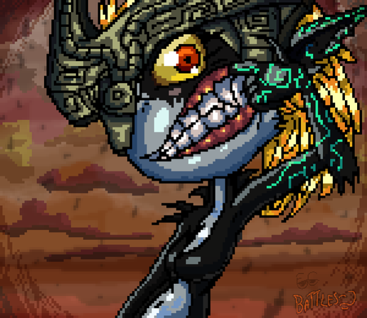 Digital Pixel Art of Midna from Twilight Princess, in her imp form, smiling and pulling the right corner of her mouth with a finger to showcase her sharp teeth.