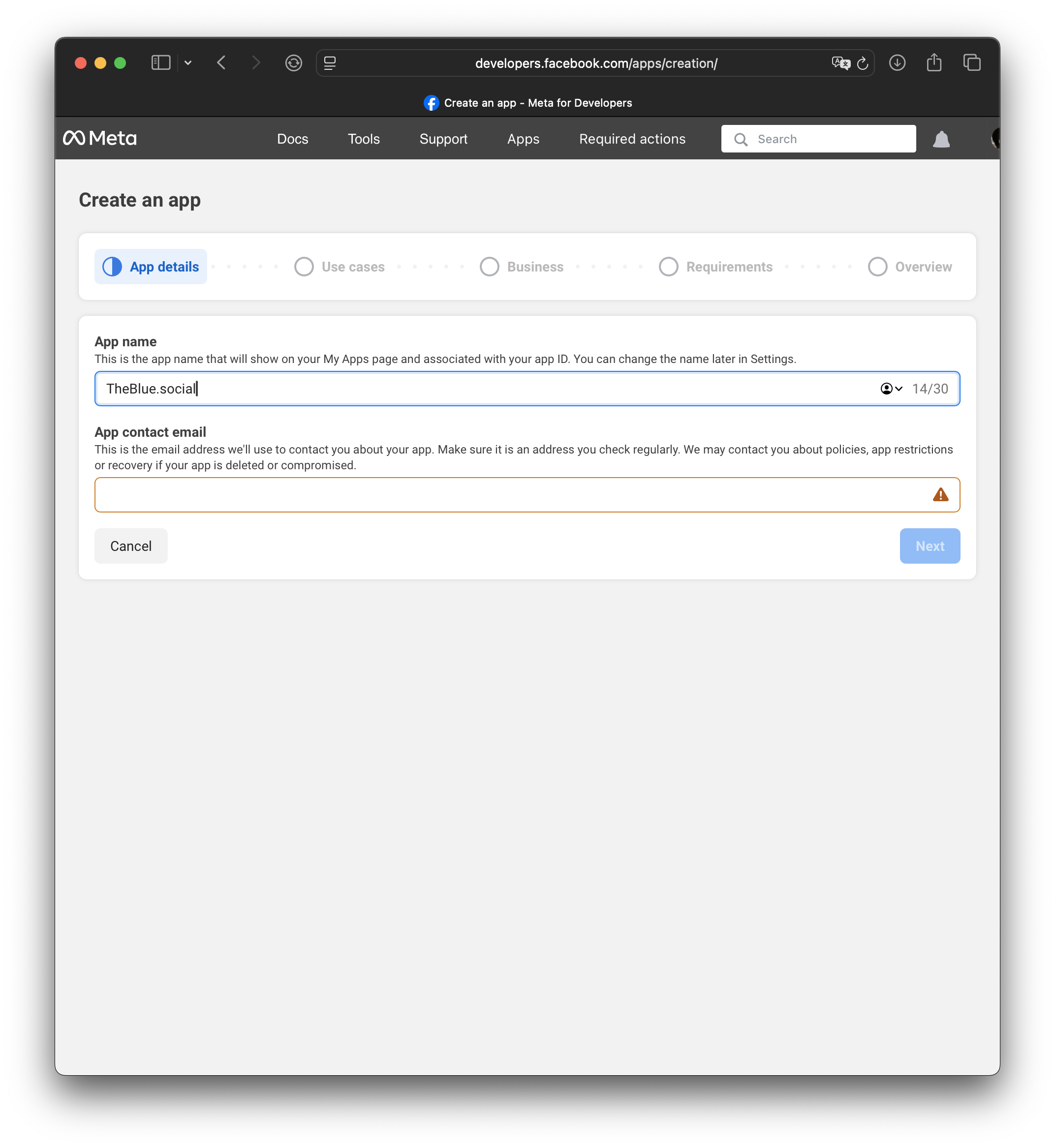 A webpage showing a form to create an app on Meta's developer platform, with fields for app name and contact email.