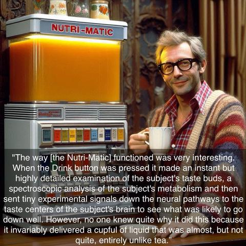Ein mittelalter Herr in Strickjacke vor einem Automaten, auf dem „Nutri-Matic“ steht. Der Mann hält lächelnd eine Tasse in der Hand. Unter dem Bild steh ein Zitat aus Per Anhalter durch die Galaxis: "The way it functioned was very interesting. When the Drink button was pressed it made an instant but highly detailed examination of the subject's taste buds, a spectroscopic analysis of the subject's metabolism and then sent tiny experimental signals down the neural pathways to the taste centers of the subject's brain to see what was likely to go down well. However, no one knew quite why it did this because it invariably delivered a cupful of liquid that was almost, but not quite, entirely unlike tea."