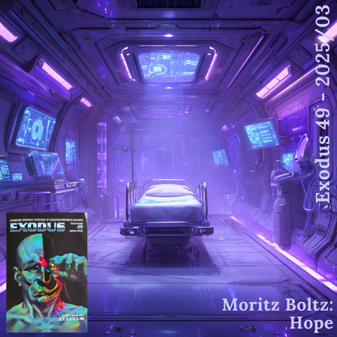 Bild im Hintergrund:
Midjourney Prompt: A hyper-futuristic hospital room with soft purple ambient lighting, an empty advanced medical bed with floating holographic monitors, sleek metallic walls with integrated medical interfaces, minimalist design, ultra-modern medical equipment, high-tech ceiling with atmospheric lighting, cinematic composition, 8k, detailed, photorealistic --profile 3jzhi3z --v 7

Text rechts oben: Exodus 49 - 2025/03 

Text rechts unten: Moritz Boltz. Hope

Bild links unten: Das Cover Ausgabe 49 des Exodus-Magazins. Das Coverbild "Spektrallinien" wurde von Cuculum entworfen.