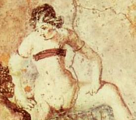 Close-up of a Roman erotic fresco depicting a woman who lowers herself onto an erection. She is naked except for a reddish strophium, a breast band and ancestor of the modern bra.