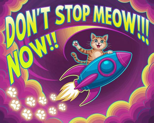 ②« Generated by ideogramai »
Psychedelic poster art The title text "Don't stop Meow now!!" spreads across the top of the image. A rocket is flying in the center of the image, and a cat is riding on it. The trajectory of this special rocket draws a pattern of cat paw prints. 🐾🐾🐾 This illustration makes you feel the fun of the weekend.
