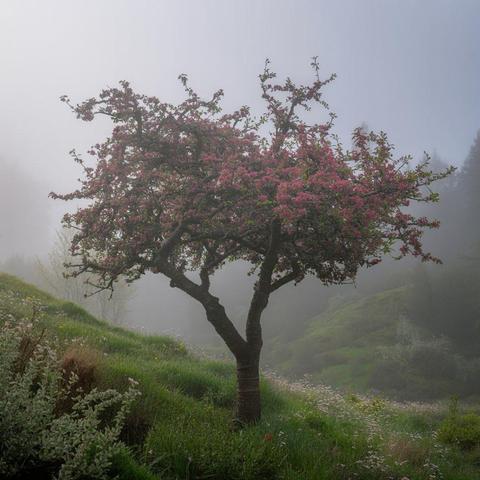 A tree on a misty hill