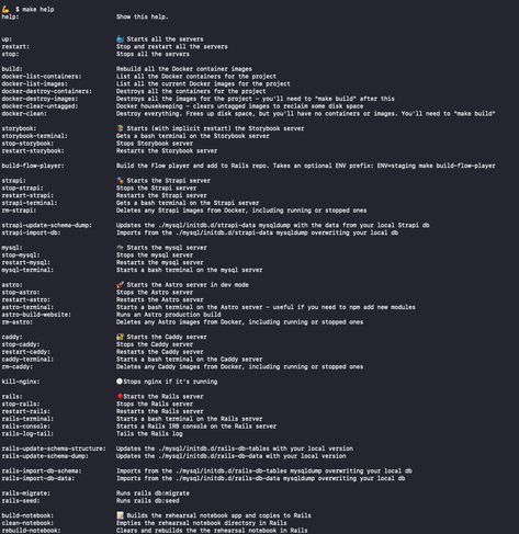 A screen shot of the help generated when you call "make help". The result is a list of all the recipes in the Makefile with descriptions.