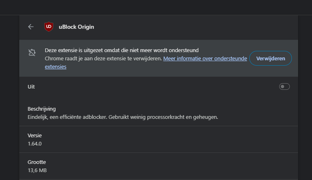 The uBlock Origin extension tab in Google Chrome 138.0.7204.101, the extension is disabled, and the toggle to enable it is also disabled.