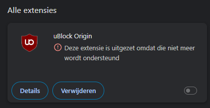 The uBlock Origin extension in Google Chrome, warning that the extension is no longer supported and has been disabled.