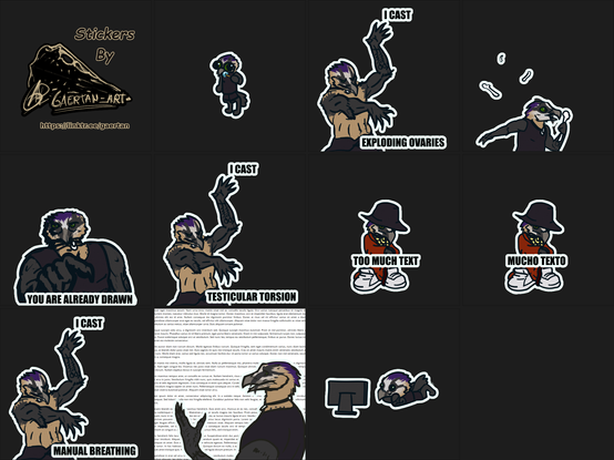 digital illustration depicting a set of stickers featuring an anthropormorphic bearded vulture; a chibi version brushing their teeth, a sticker as the "i cast testucular torsion" wizard, another as the running kid meme, another as the "you're already dead" meme, but with drawn instead of dead, another as the wizard,again,but saying i cast exploding ovaries, two as the "mucho texto" yoda meme(one in spanish and another in english", the mage again,saying i cast manual breathing, another with the vulture endlessly talking(background text is lorem ipsum generated) and a chibi version lying down while watching tv/a screen