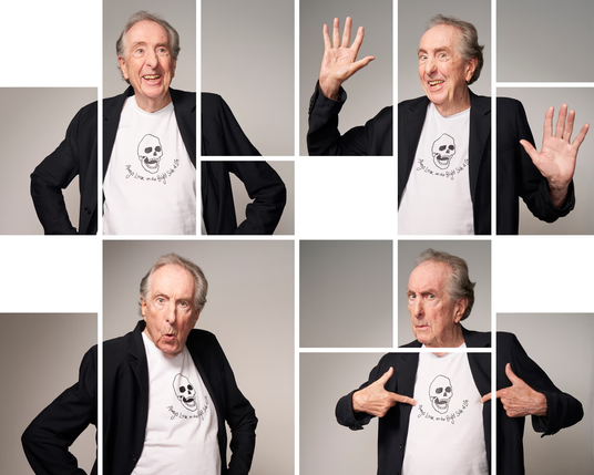 Fun photo collage of Eric Idle taken recently showing him wearing a black sportscoat over a white "Always Look on the Bright Side of Life" t-shirt featuring a laughing skull. 

‘A lot of being funny is the lack of a censor mechanism’ … Eric Idle Photograph: Suki Dhanda/The Guardian