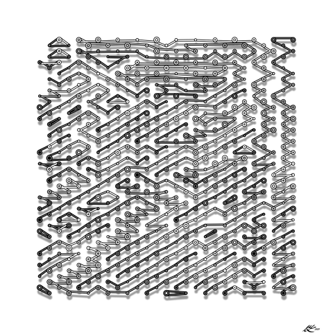 A dense rectangular grid of circles of varying sizes. The circles are connected with a series of zigzagging paths that may loop back to their own beginning, but do not otherwise overlap each other. The circles and paths are in various shades of grey with a black outline. They create shadows against the background.