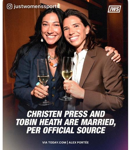 Instagram post from just women’s sports showing Christen Press and Tobin Heath are married