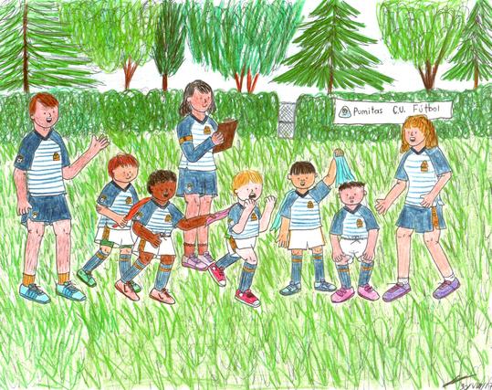 Niños con shorts blancos y playeras con rayas verticales y mangas azules juegan a las atrapadas con paliacates. Allí están sus 2 monitoras y su monitor que los entrenan, los cuales usan shorts azules.