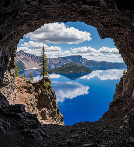 Une vue imprenable depuis l'ouverture d'une grotte sur le lac Crater. Les eaux d'un bleu profond du lac reflètent le ciel et les nuages, encadrées par des falaises rocheuses et des conifères.