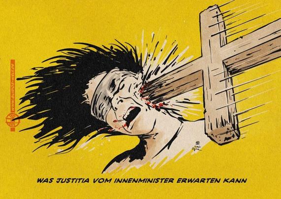 Grafik von Cartoonist @GuidoKuehn:
Justitia wird von Kreuz an Wange getroffen 
Text:
"Was Justitia vom Innenminister erwarten kann"