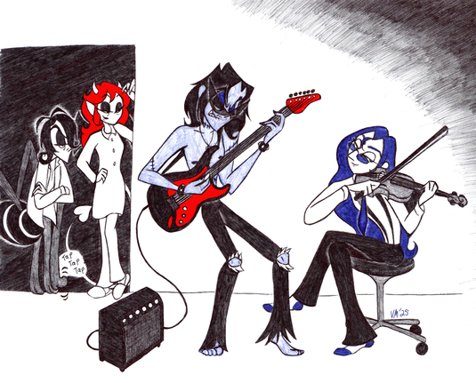 Maury Frankenstein and Riley Sawyer jamming on the electric guitar and violin respectively, while in the doorway stand Velvet Ophelia and Johnny Long-Legs. Ophelia is looking at them in sweet affection while Johnny is pouting and tapping one of his spider feet.