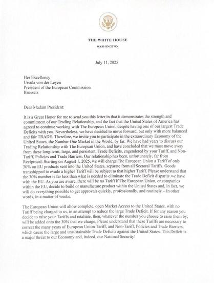 Letter from Trump to the EU about 30% tariffs