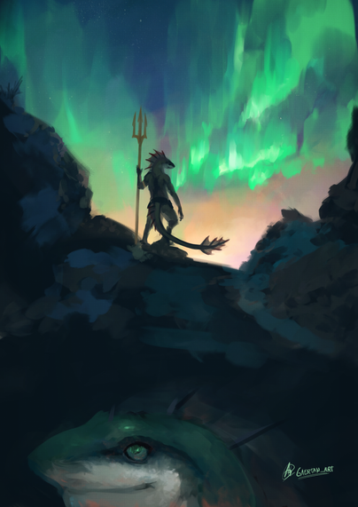digital illustration depicting an anthropomorphic sharklike person, wielding a trident, atop some mountain at sunset, watching aurora borealis. The bottom part of the image fades to the face of the character, the aurora reflected on their eyes.